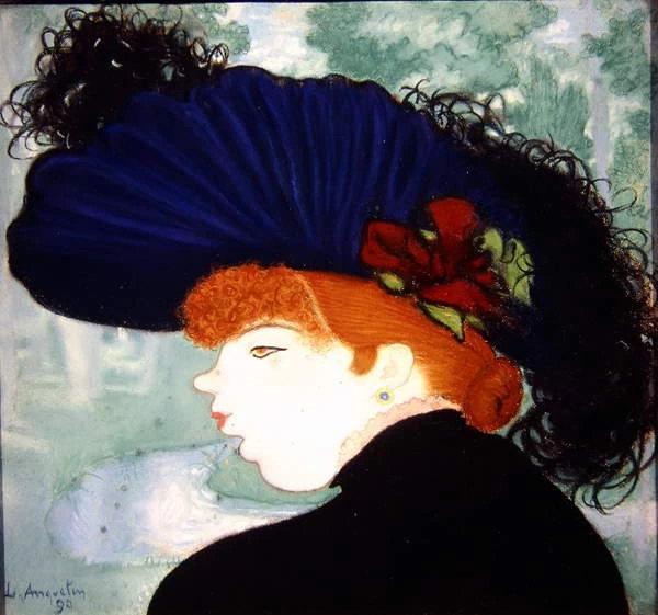 Donna dai capelli rossi con un cappello blu